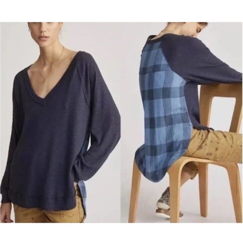 Anthropologie Pilcro Blue Plaid Sweater Oversized Sweatshirt Tunic Top Gauzy M
